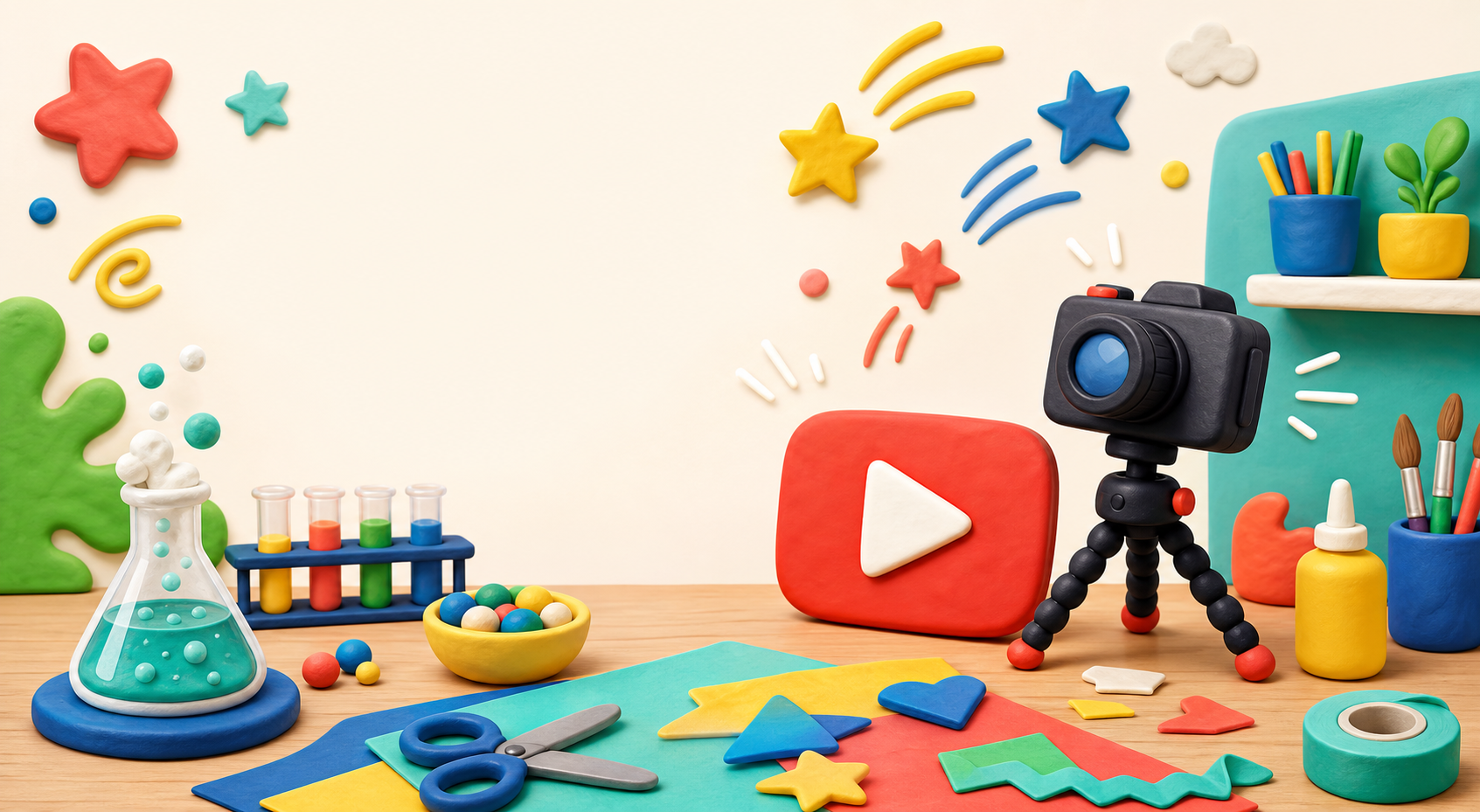 Colorful craft and video studio with science and art supplies